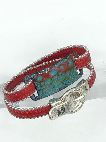 Boho Handmade Red Double Wrap Leather Bracelet. Stainless Steel, Enamel and a Magnetic Buckle Clasp all in one Bracelet! By DianaHDesigns picture