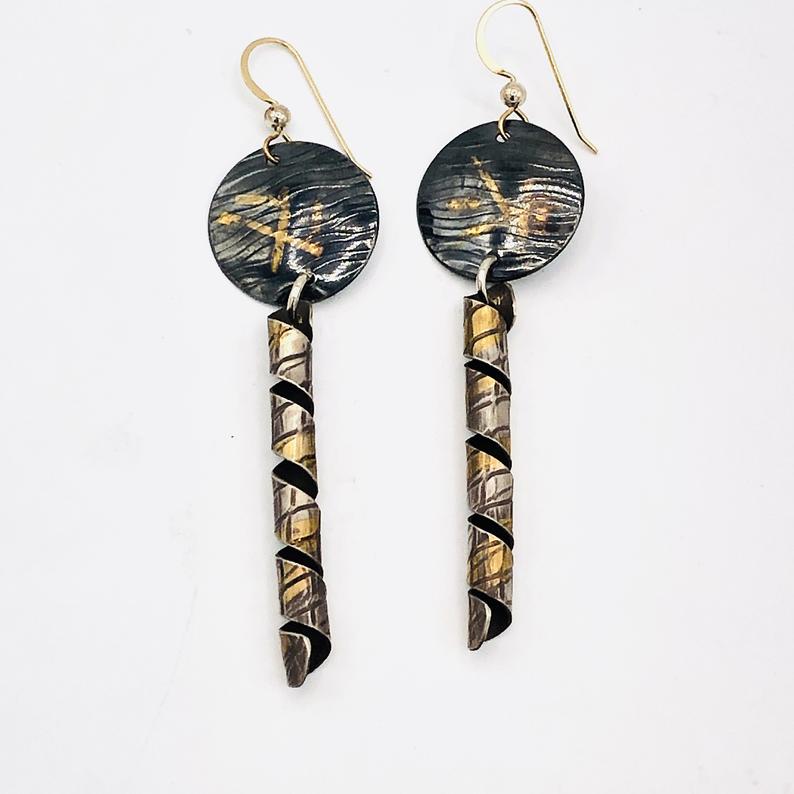 Modern, contemporary 24K gold/sterling silver industrial/architectural design earrings by DianaHDesigns. Oxidized, textured, one-of-a-kind! picture