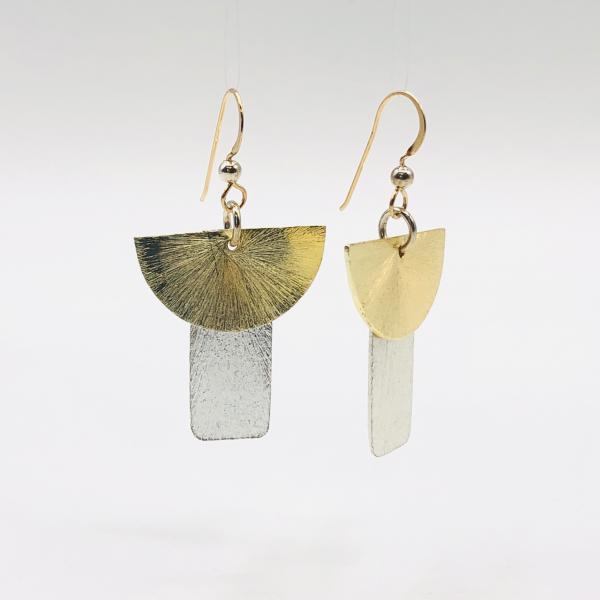 Contemporary geometric dangle earrings half moon/rectangle shapes, gold/silver tones. Lightweight w/ gold-filled ear wires. DianaHDesigns picture
