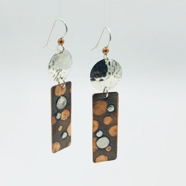 Geometric rectangular polka dot statement earrings copper/silver. Handmade, one-of-a-kind by DianaHDesigns! Pierced, sterling ear wires.