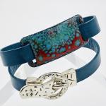 Blue Leather Double Wrap Bracelet with Handmade Colorful Enamel Slide & Magnetic Buckle Clasp in Center, Unique Artisan Wrap. DianaHDesigns
