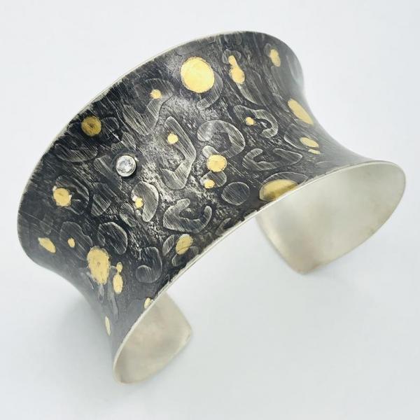 Oxidized Sterling and 24k Gold Modern Statement Cuff bracelet. Contemporary Keum-bo, White Sapphire. DianaHDesigns/Artful Handmade Jewelry picture