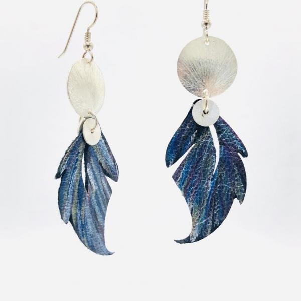 Leather feather earrings geometric, modern design. Hand painted recycled leather, one-of-a-kind. Artful Handmade Jewelry by DianaHDesigns! picture
