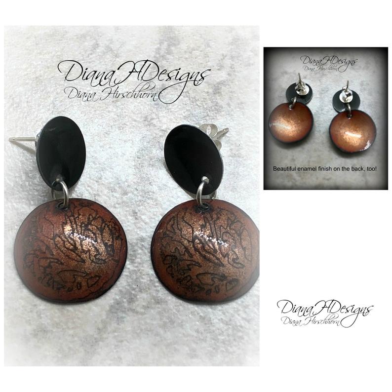Enamel post earrings. Etched design in fall colors black/coppery gold. Modern, unique and fun. Artful Handmade Jewelry by DianaHDesigns! picture