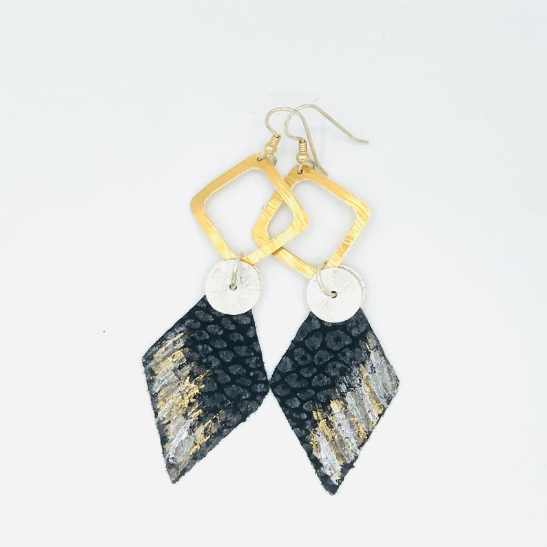Leather handmade, hand painted modern earrings black/gold/silver. Geometric, bold, lightweight and one-of-a-kind Jewelry by DianaHDesigns! picture