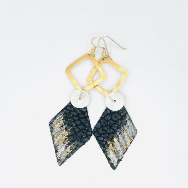 Leather handmade, hand painted modern earrings black/gold/silver. Geometric, bold, lightweight and one-of-a-kind Jewelry by DianaHDesigns! picture