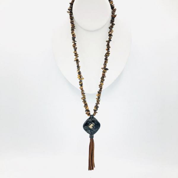 Handmade Fused glass & Tigers Eye Jasper Long Necklace w/ Tassel. "Eye of the Tiger" Beaded One-of-a-kind necklace by Diana Hirschhorn picture