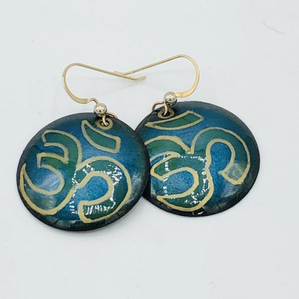 Yoga om earrings handmade, handpainted teal blue/green/gold vitreous enamel w/ gold-plated ear wires, one-of-a-kind, fun perfect for a yogi! picture