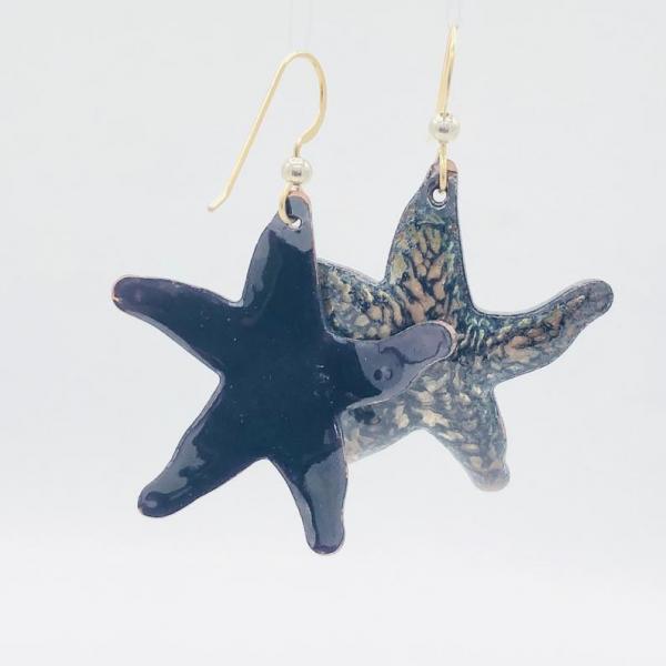 Handmade star shaped dangle earrings. Holiday style starfish in black/gold enamel. Beachy, tropical, fun! Artful Jewelry by DianaHDesigns picture