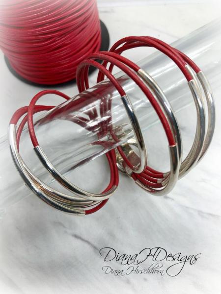 Red Leather Multi-Strand Double Wrap Bracelet with Silver Tone Beads, Magnetic Buckle Clasp. Artful Handmade Jewelry by Diana Hirschhorn picture