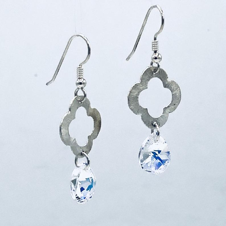 Sterling Silver/Swarovski Dangle Earrings Flower/Four Leaf Clover shape textured sterling silver by DianaHDesigns Artful Handmade Jewelry! picture