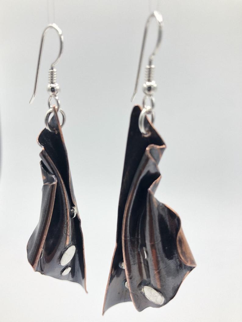 Modern & organic, fan shaped fold-formed copper/sterling earrings one-of-a-kind, gorgeous dangles. By DianaHDesigns/Artful Handmade Jewelry picture