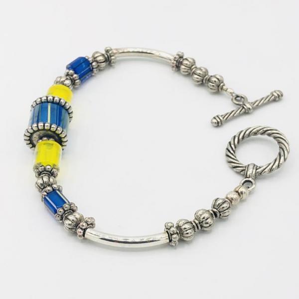 Blue and Yellow Bracelet by DianaHDesigns. Handmade Artisan Beaded Cane Glass, Silver Plated Beads & Toggle Clasp. Layer or wear alone!! picture