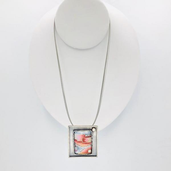 Architectural, Modern Handmade Cloisonné/Sterling Silver Necklace by DianaHDesigns. Pink, Orange, Red, White/Grey Enamel, Choice of chain! picture