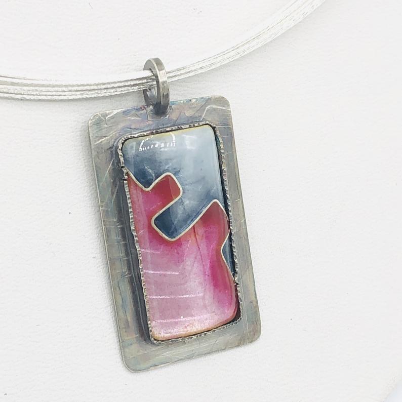 Diana Hirschhorn Modern Elegant Necklace Pink/Grey Cloisonné Enamel/Sterling Silver Contemporary, Geometric, One-of-a-Kind. Choice of chain! picture