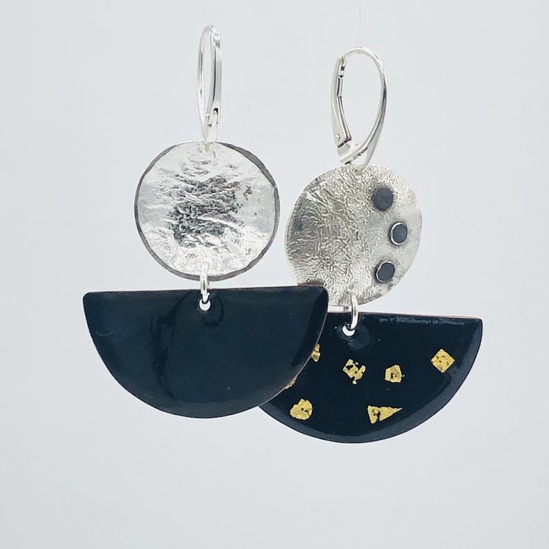 Reticulated sterling silver/24K gold/enamel modern bold half moon leverback earrings! DianaHDesigns/Artful Handmade Jewelry. Custom order. picture