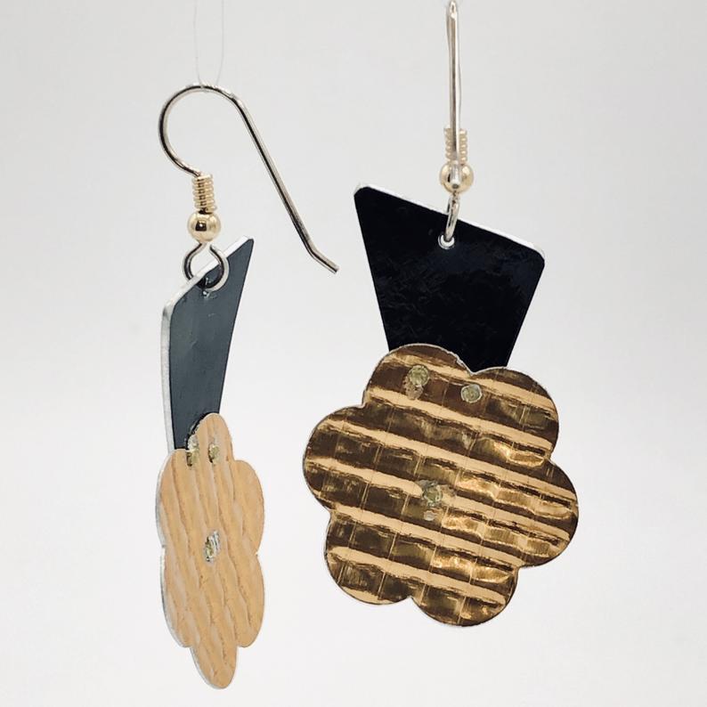 Lightweight aluminum earrings lightning bolt/sun/flower shape in bold black/gold. Textures, rivets add depth & dimension. By DianaHDesigns picture