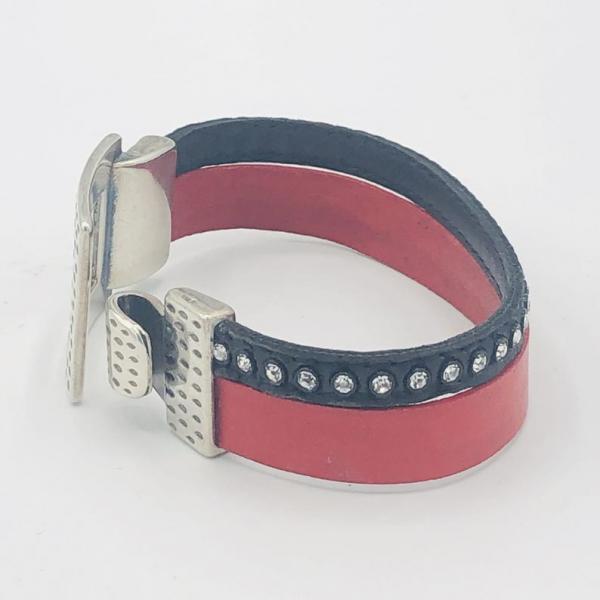 Red/Black Leather Wrap Swarovski Crystal Artisan Bracelet, Buckle Clasp in plated silver. Handmade by DianaHDesigns. Only one available! picture