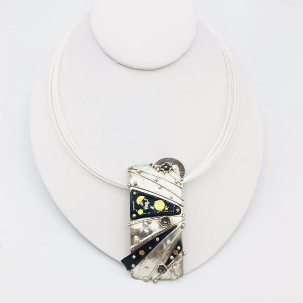 Diana Hirschhorn Handmade Sun/Moon/Stars reticulated sterling silver/24K gold/enamel statement pendant necklace! Art Jewelry Custom Order! picture