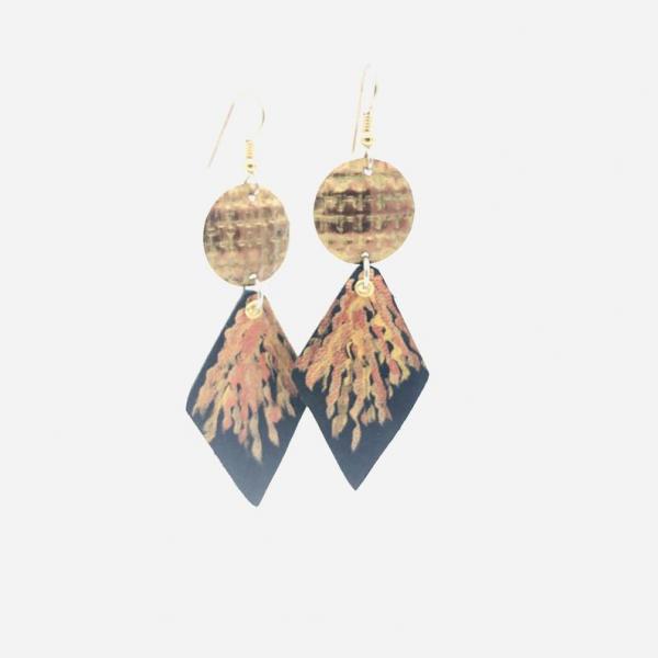 Gorgeous fall colors! Hand painted bold leather/aluminum earrings geometric shapes black/copper lightweight. Handmade by Diana Hirschhorn! picture