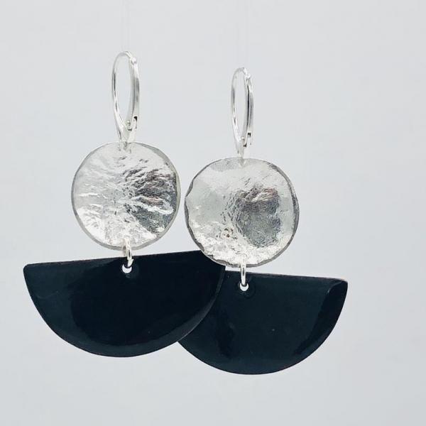 Custom hand-hammered round convex dangle earrings with dark rich patina finish