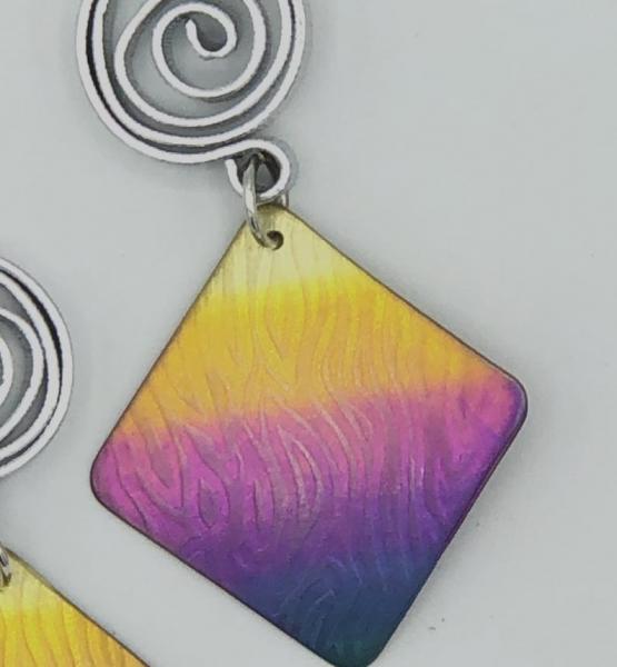 Rainbow modern handmade titanium geometric statement earrings boldy contemporary! Textured, one-of-a-kind, pierced dangles by DianaHDesigns picture