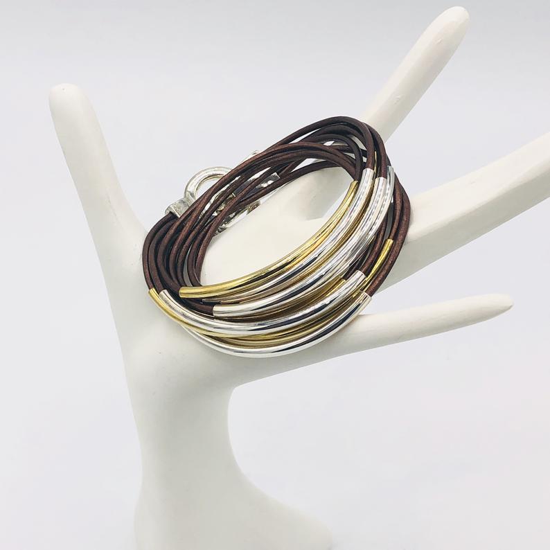 Artisan Boho Leather Wrap Bracelet in Metallic Brown Handmade by DianaHDesigns. Stack, Layer or Wear Alone! Tube Beads and Magnetic Clasp! picture