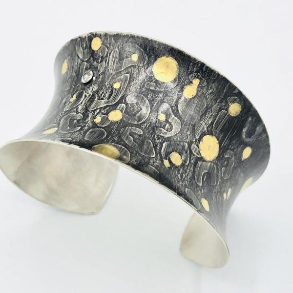 Oxidized Sterling and 24k Gold Modern Statement Cuff bracelet. Contemporary Keum-bo, White Sapphire. DianaHDesigns/Artful Handmade Jewelry picture