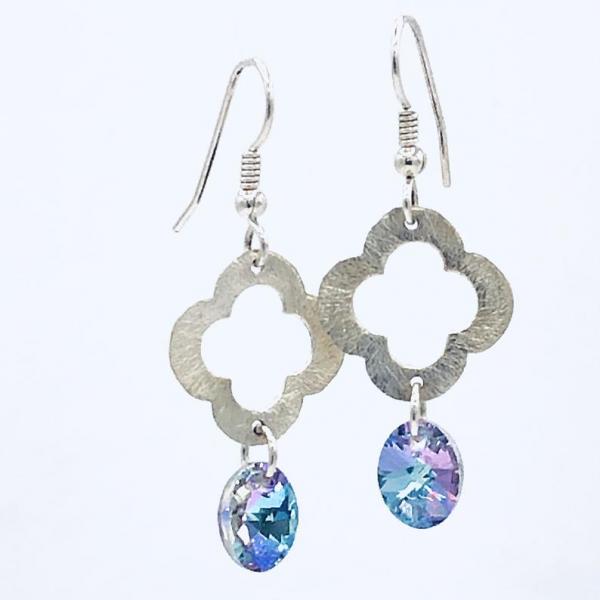 Sterling Silver/Swarovski Dangle Earrings Flower/Four Leaf Clover shape textured sterling silver by DianaHDesigns Artful Handmade Jewelry! picture