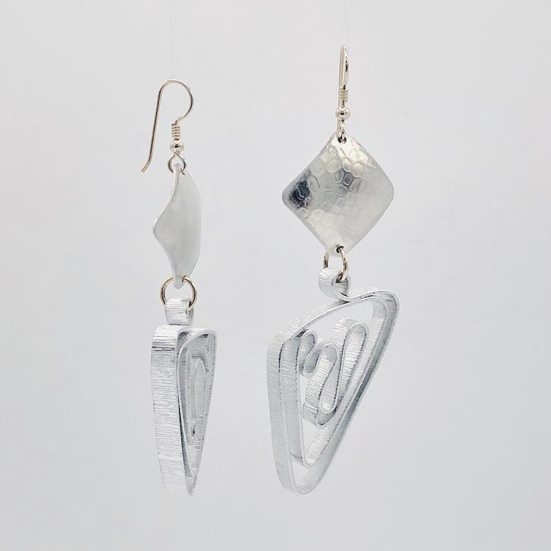 Silver aluminum statement earrings by DianaHDesigns. Handmade, contemporary, geometric, lightweight and graceful! One-of-a-kind pair! picture