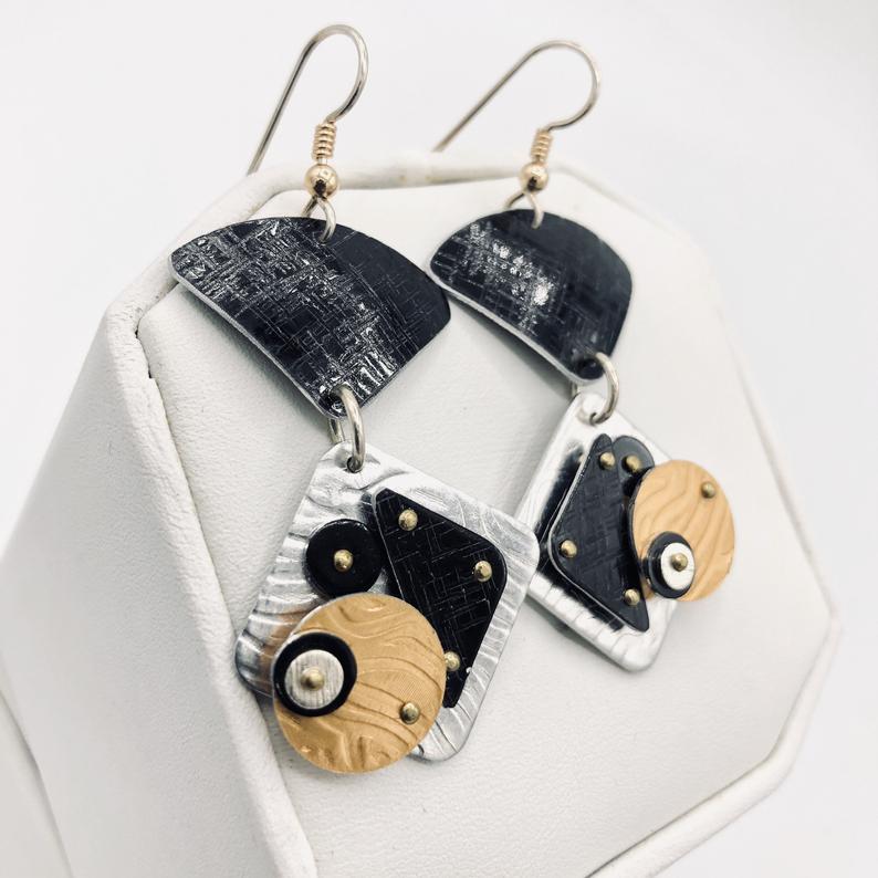 Bold, architectural, 3 dimensional, geometric modern earrings. Lightweight and one-of-a-kind. Artful Handmade Jewelry by Diana Hirschhorn! picture