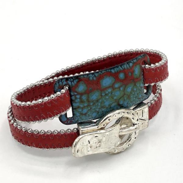 Boho Handmade Red Double Wrap Leather Bracelet. Stainless Steel, Enamel and a Magnetic Buckle Clasp all in one Bracelet! By DianaHDesigns picture