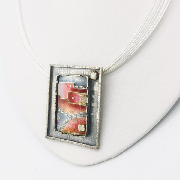 Architectural, Modern Handmade Cloisonné/Sterling Silver Necklace by DianaHDesigns. Pink, Orange, Red, White/Grey Enamel, Choice of chain! picture