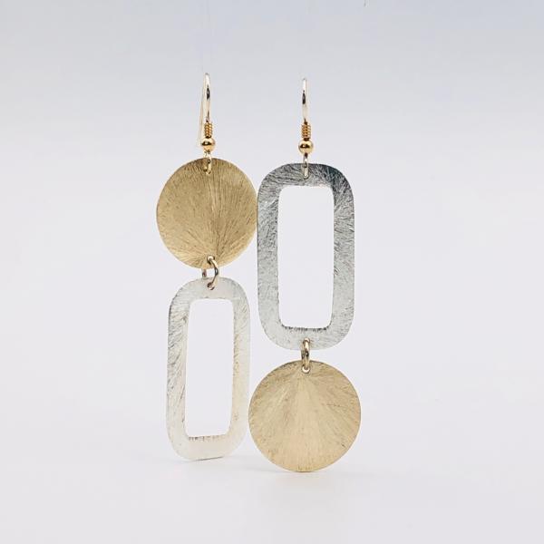 Modern asymmetrical geometric gold/silver earrings, sterling silver ear wires.  Fun, bold, lightweight and sexy dangles!  By DianaHDesigns picture