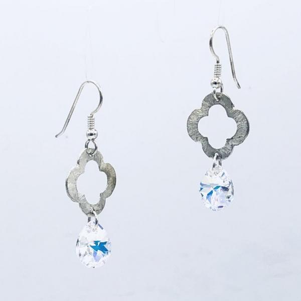 Sterling Silver/Swarovski Dangle Earrings Flower/Four Leaf Clover shape textured sterling silver by DianaHDesigns Artful Handmade Jewelry! picture