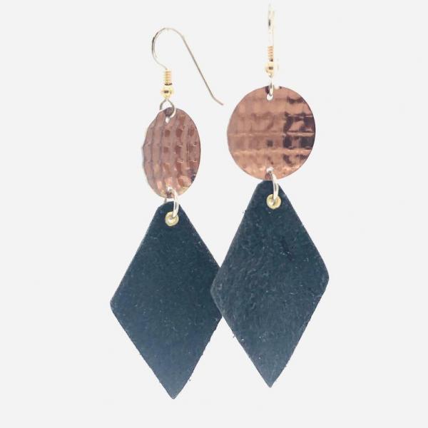 Gorgeous fall colors! Hand painted bold leather/aluminum earrings geometric shapes black/copper lightweight. Handmade by Diana Hirschhorn! picture