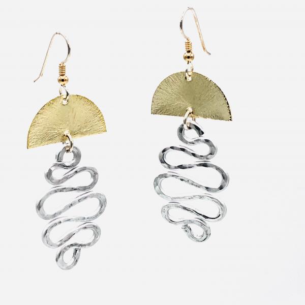 DianaHDesigns jellyfish half moon & swirl dangle earrings gold and silver tones. Hand formed wire, lightweight, sexy, gold-filled earwires picture