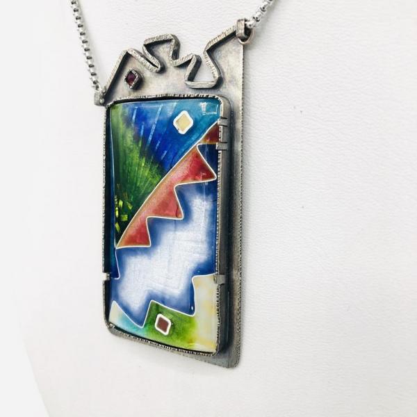 Contemporary, Modern Cloisonné Enamel & Sterling Silver Handmade Artful Necklace by DianaHDesigns. Rainbow...so many colors! Lovely chain! picture