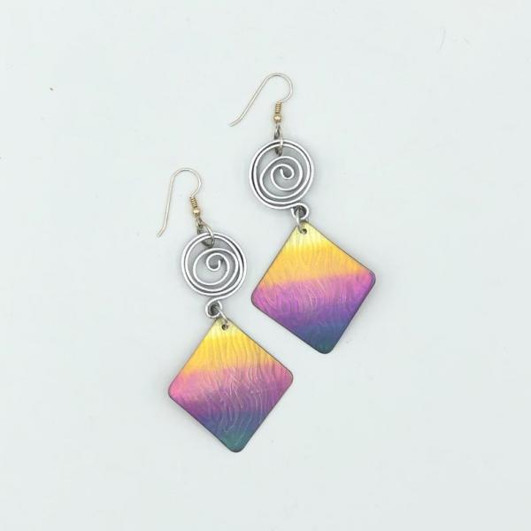 Rainbow modern handmade titanium geometric statement earrings boldy contemporary! Textured, one-of-a-kind, pierced dangles by DianaHDesigns picture