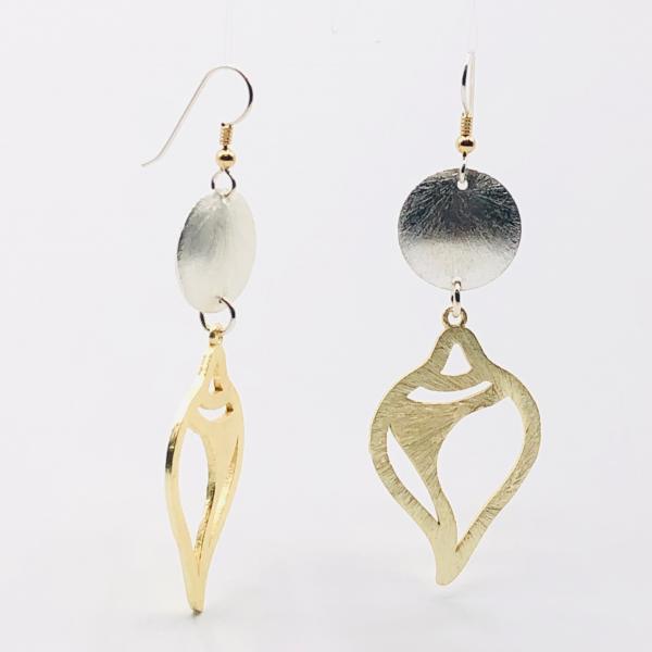 Modern gold/silver tropical dangle earrings geometric shell design, sterling silver ear wires. Artful Handmade Jewelry by DianaHDesigns! picture
