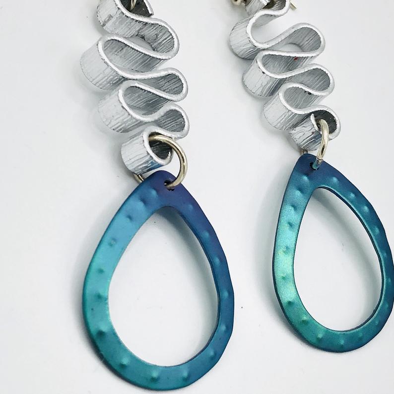 Titanium geometric statement earrings boldy contemporary, modern, fun, lightweight! Textured, one-of-a-kind, handmade, pierced dangles! picture