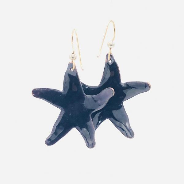 Handmade star shaped dangle earrings. Holiday style starfish in black/gold enamel. Beachy, tropical, fun! Artful Jewelry by DianaHDesigns picture