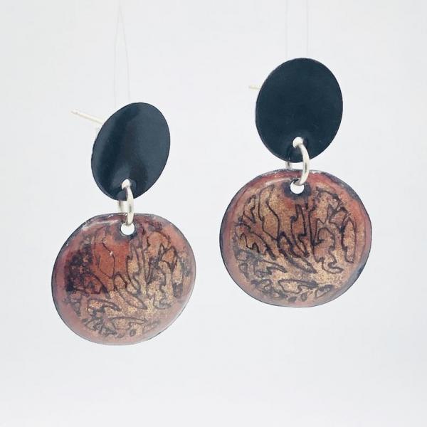 Enamel post earrings. Etched design in fall colors black/coppery gold. Modern, unique and fun. Artful Handmade Jewelry by DianaHDesigns! picture