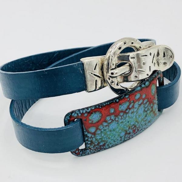 Blue Leather Double Wrap Bracelet with Handmade Colorful Enamel Slide & Magnetic Buckle Clasp in Center, Unique Artisan Wrap. DianaHDesigns picture