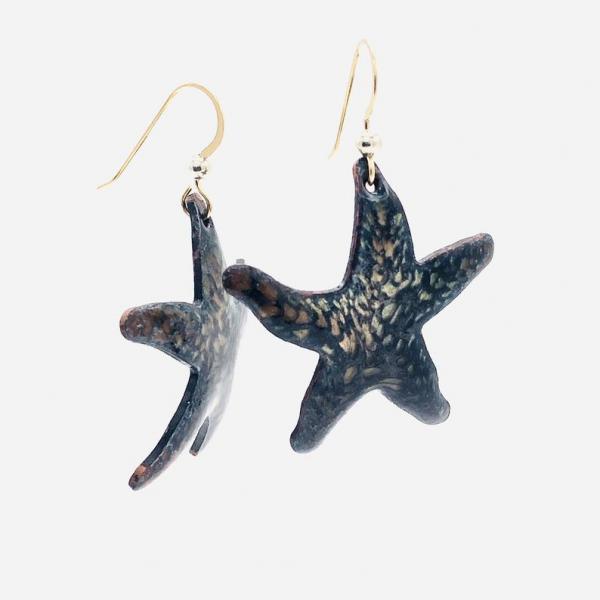 Handmade star shaped dangle earrings. Holiday style starfish in black/gold enamel. Beachy, tropical, fun! Artful Jewelry by DianaHDesigns picture