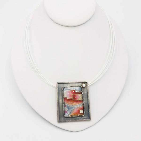 Architectural, Modern Handmade Cloisonné/Sterling Silver Necklace by DianaHDesigns. Pink, Orange, Red, White/Grey Enamel, Choice of chain! picture