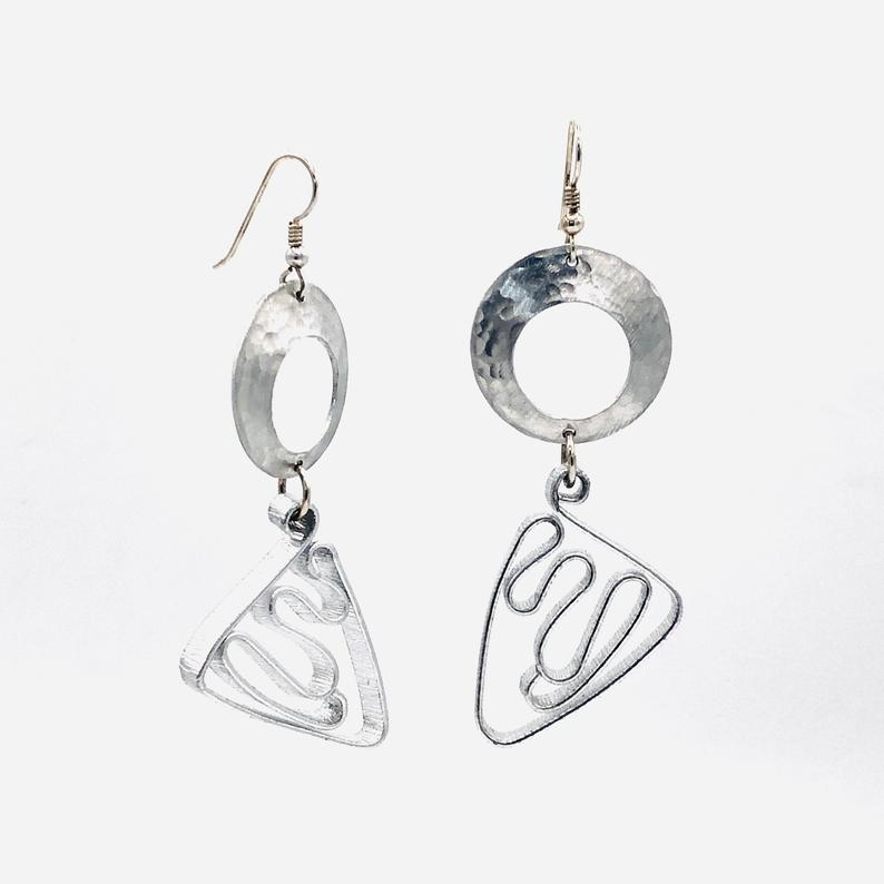 Cosmic geometric fun! Silver aluminum statement earrings by DianaHDesigns. Handmade, contemporary, geometric and lightweight! Only pair! picture