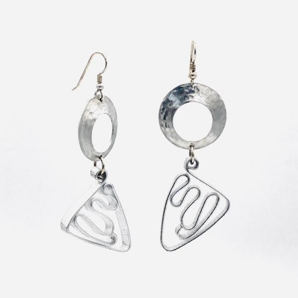Cosmic geometric fun! Silver aluminum statement earrings by DianaHDesigns. Handmade, contemporary, geometric and lightweight! Only pair! picture