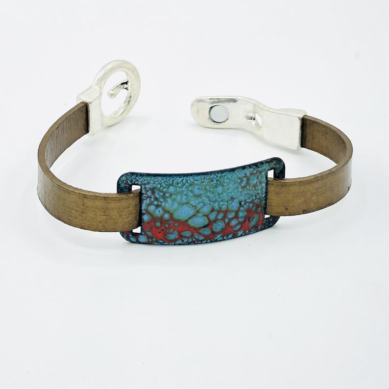 Leather Boho Magnetic Wrap Bracelet, Handmade Colorful Enamel Slide! Metallic Bronze Brown, One-of-a-Kind, Fun, Artisan Wrap DianaHDesigns! picture
