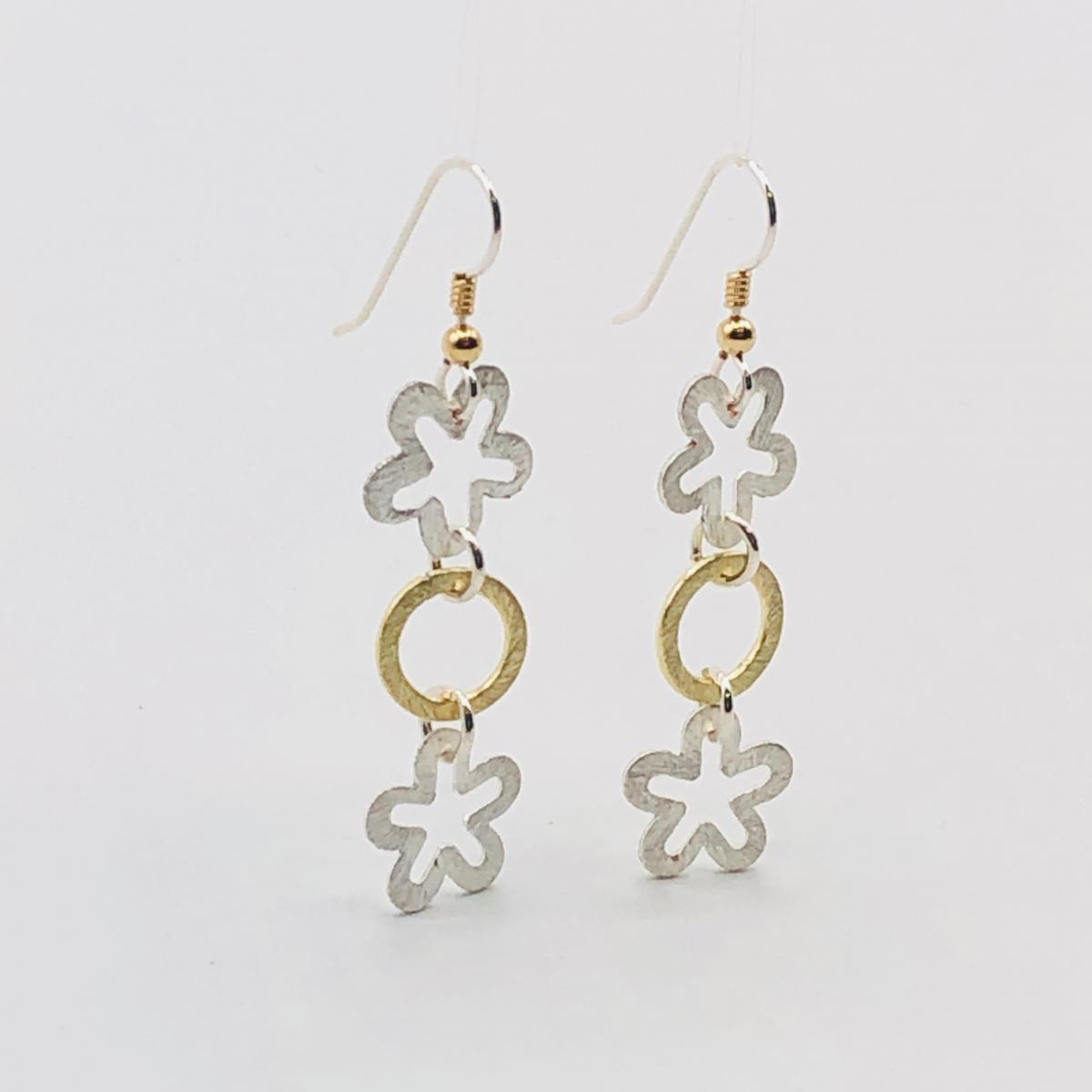 Interconnecting flower and circle dangle earrings in silver/gold, sterling silver ear wires. Elegant, sexy & lightweight. By DianaHDesigns picture